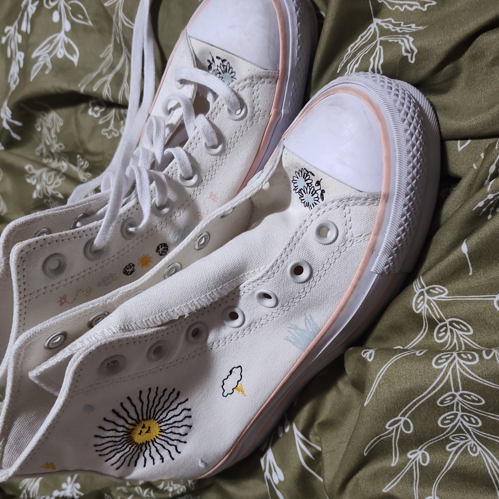 White High-Top Converse with Embroidered Design